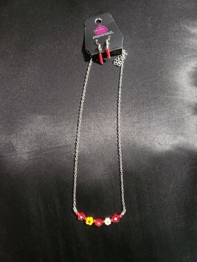 Paparazzi Red Floral Bead Necklace and Earring Set